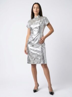 Vintage Metallic Silver Cheongsam-Style Women's Dress